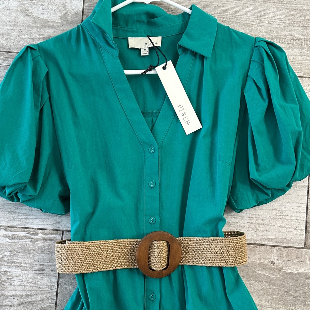 Pinch Teal Tiered Maxi Dress with Puff Sleeves and Woven Belt - Picture 3 of 5